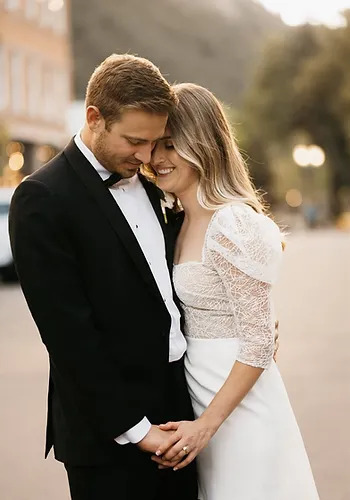 Bride and groom share a moment after their ceremony in downtown Aspen, Colorado